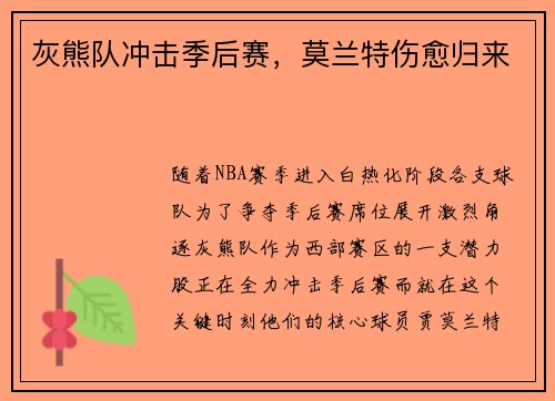 灰熊队冲击季后赛，莫兰特伤愈归来